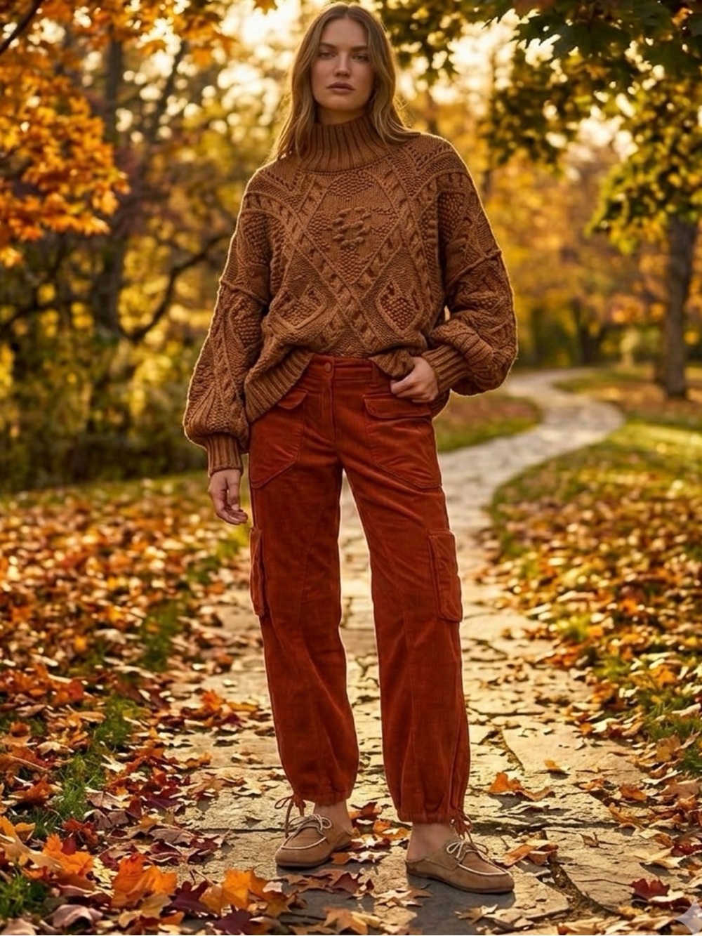 H&M Rust Utility Wide Leg Cords With Adjustable Ankle Ties